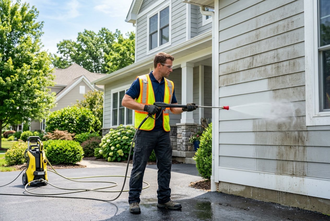 A worker using a pressure washer to clean the exterior siding of a house on a sunny day.