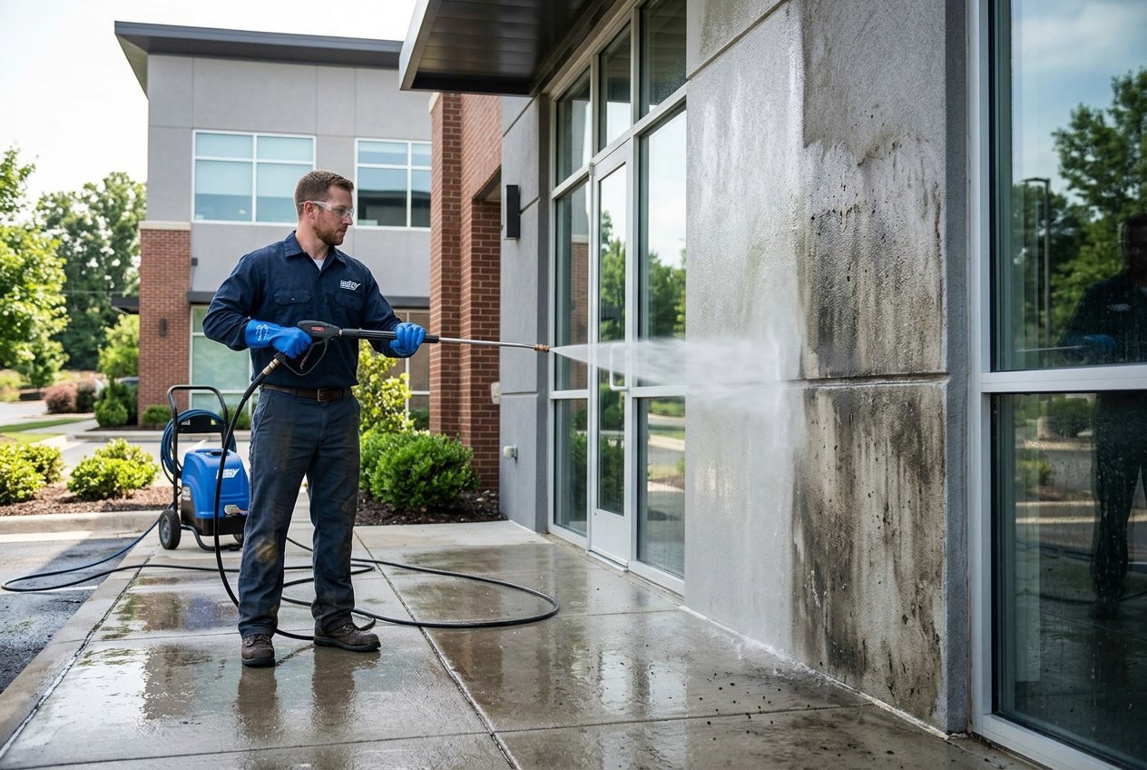 A worker using a pressure washer to clean the exterior wall of a building, removing dirt and grime.