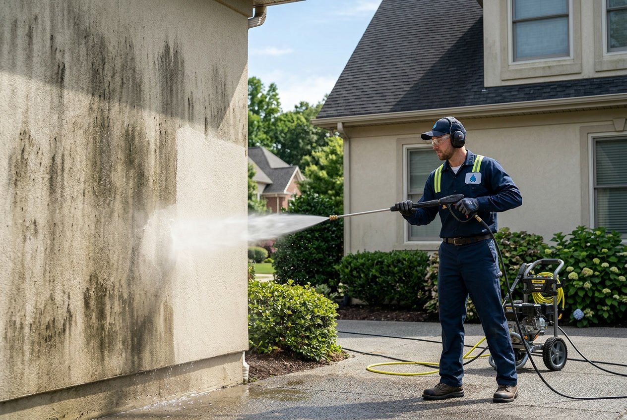 A worker using a pressure washer to clean the exterior wall of a house, showing a clear contrast between dirty and cleaned areas.