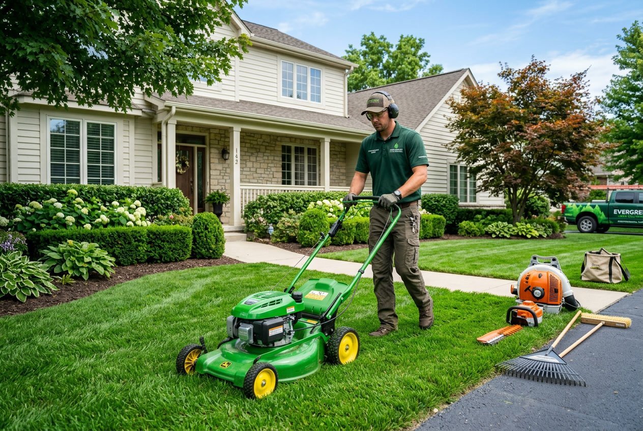 A lawn care worker mowing a green lawn in front of a suburban house with lawn care tools nearby. Lawn care business.
