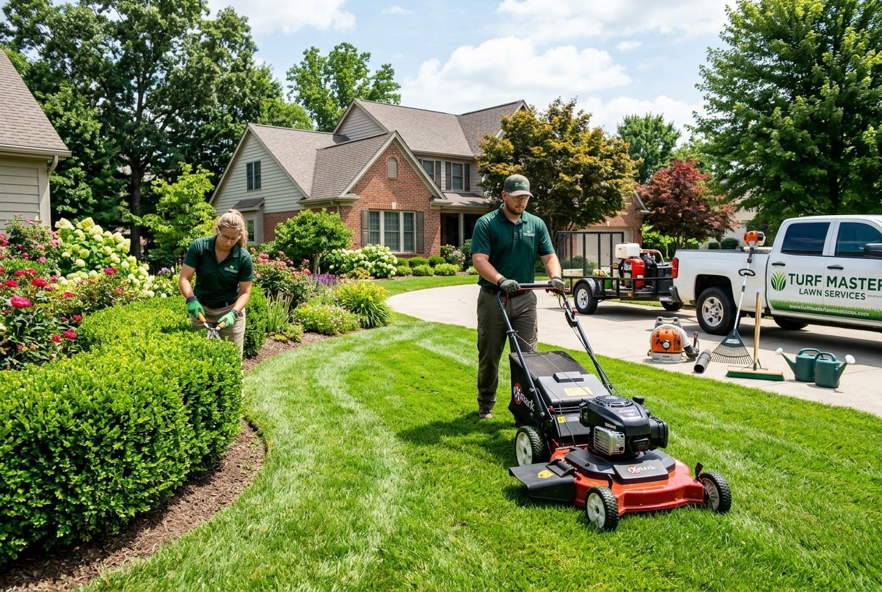 Two people working on a green lawn, one mowing grass and another trimming bushes in a residential yard. Lawn care business.
