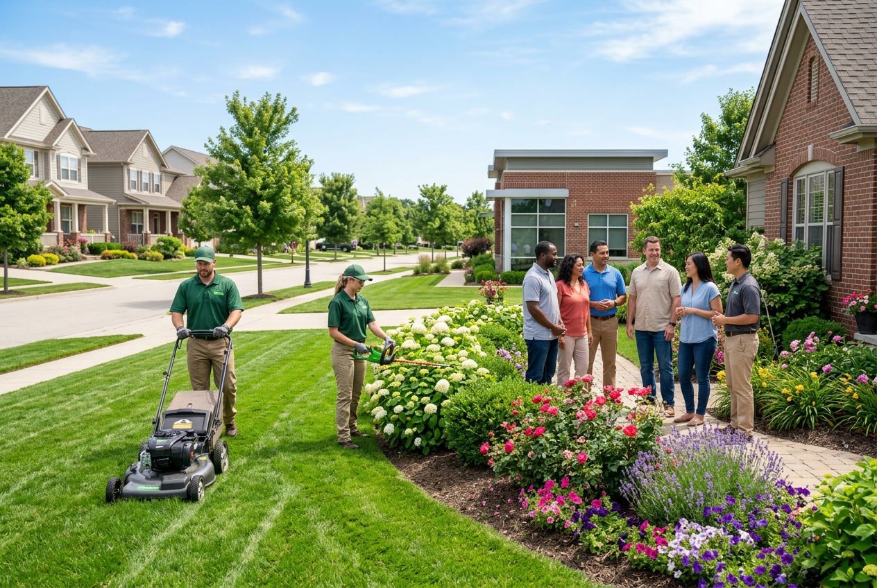 A lawn care worker mowing grass near homeowners and property managers outside well-kept houses and buildings on a sunny day. Lawn care business.