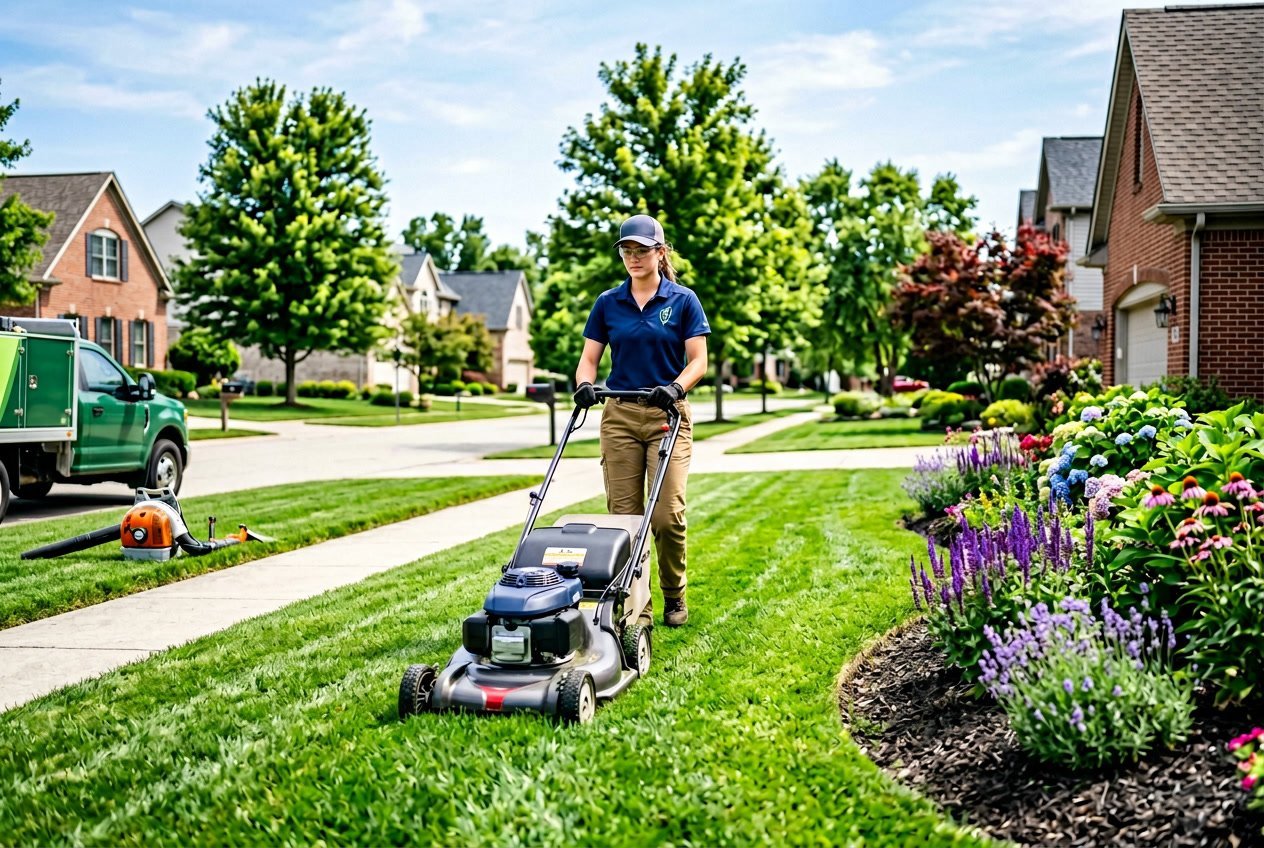 A lawn care professional mowing a green residential lawn in a suburban neighborhood on a sunny day. Lawn care business.