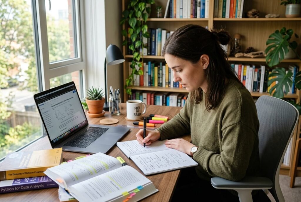 Woman studies at a wooden desk by a window, writing in a notebook with a laptop nearby and a mug that says 'Fuel the Brain' on the desk