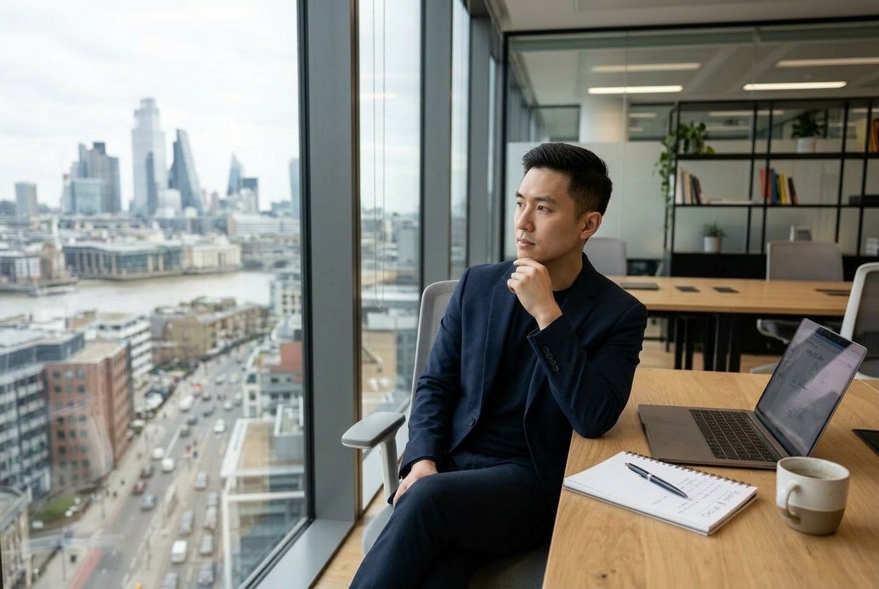 A young entrepreneur sitting alone at a desk, looking thoughtfully out a window with a worried expression.