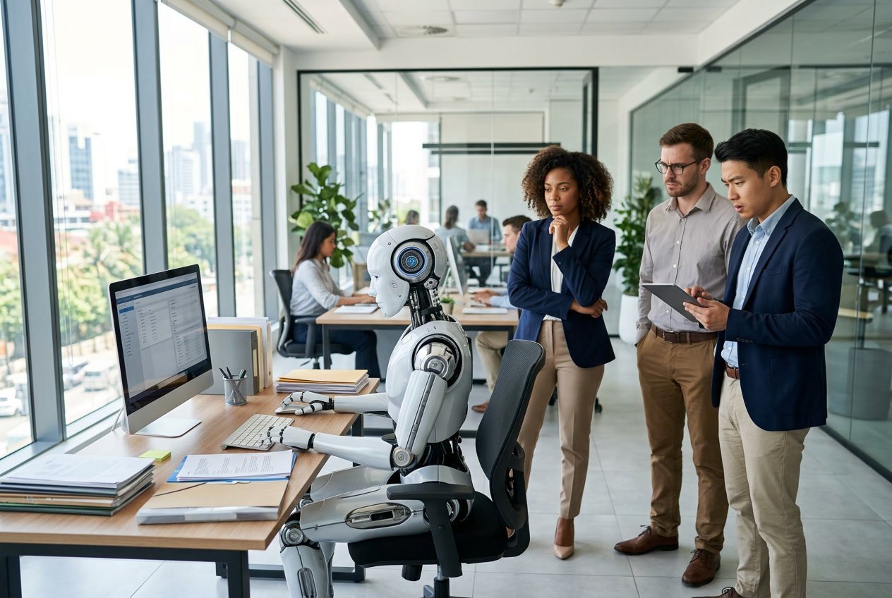 A humanoid robot working in an office while young professionals watch with concern.
