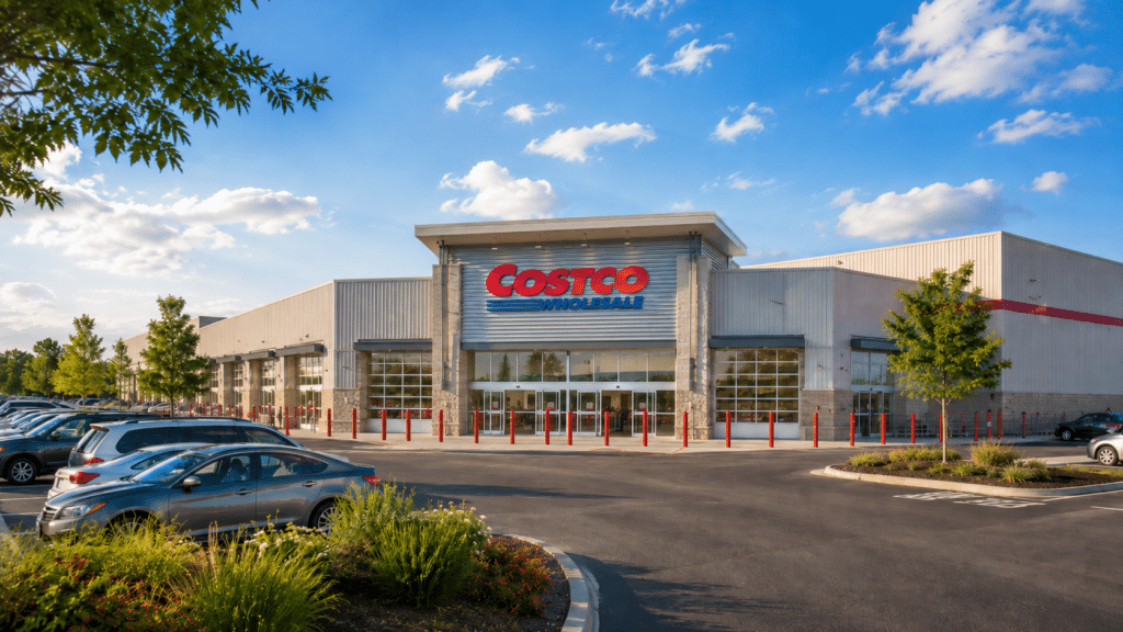 Exterior view of a Costco Wholesale store with glass doors, red bollards, and a sunny parking lot.