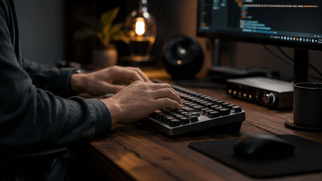 Person typing on a mechanical keyboard at a wooden desk with a monitor, mug, and audio interface in a dimly lit workspace.
