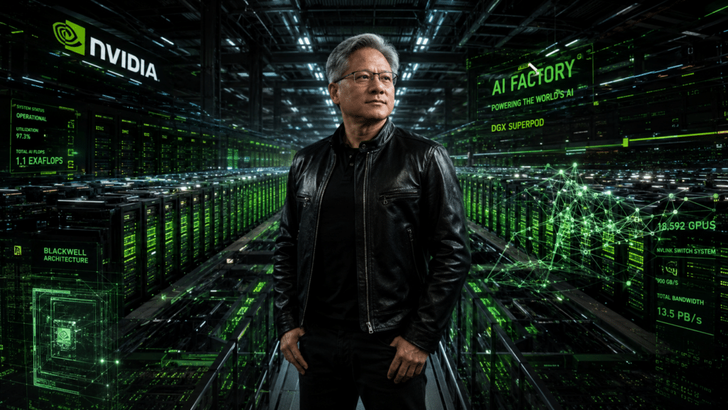 Man in a black leather jacket stands in a neon-green server room with NVIDIA branding and AI Factory signage behind him, conveying a tech leadership vibe.