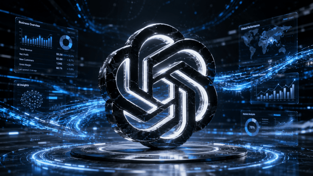 Futuristic metallic cloud logo with glowing blue lines, surrounded by floating data dashboards.