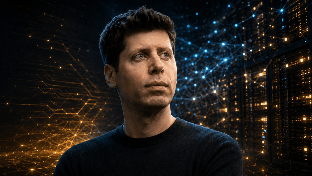 Portrait of a man in a dark sweater looking to the side, with a glowing blue and amber data-network background behind him.