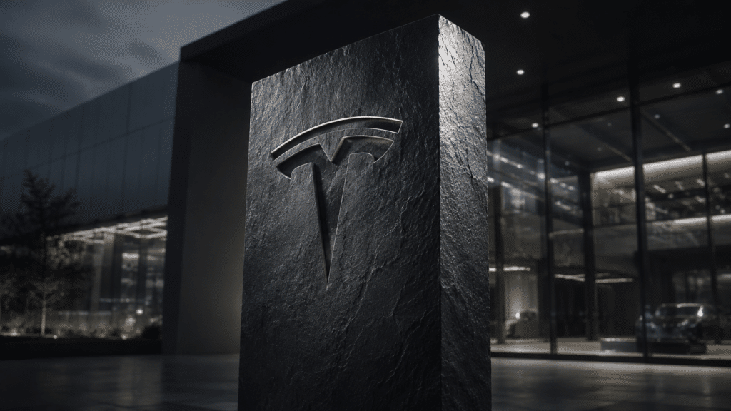 Tesla logo carved on a dark stone pillar outside a modern glass building at dusk, signaling the company location.