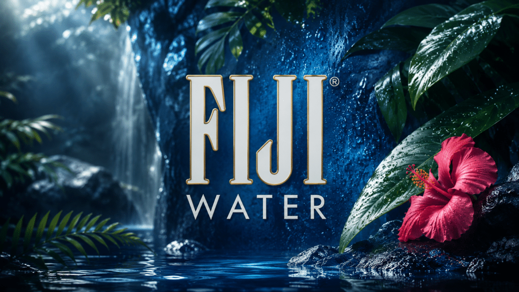 Fiji Water branding over a tropical waterfall scene with green leaves and a red hibiscus flower in the foreground