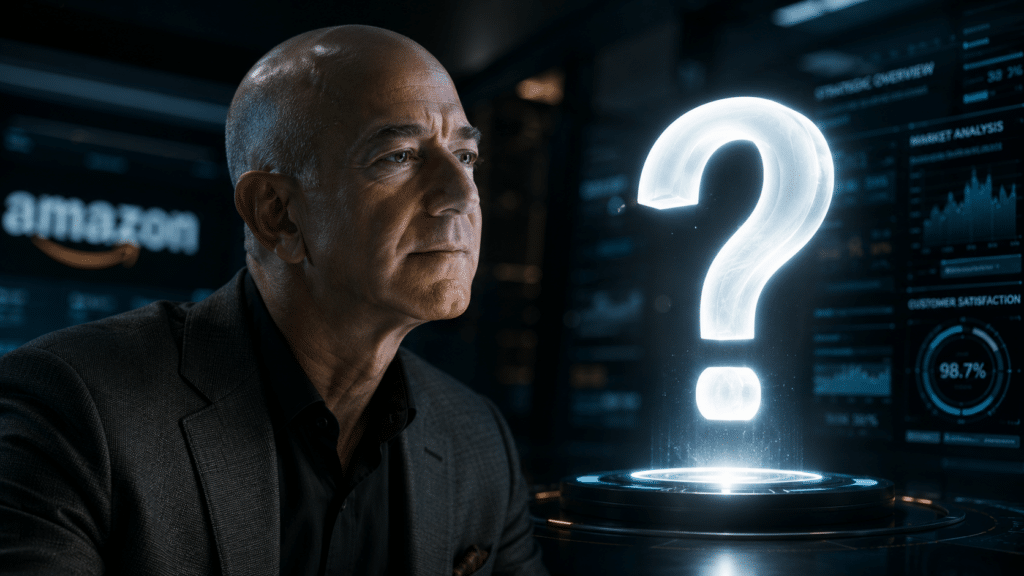 A bald man in a dark suit studies a glowing holographic question mark in a high-tech data room.