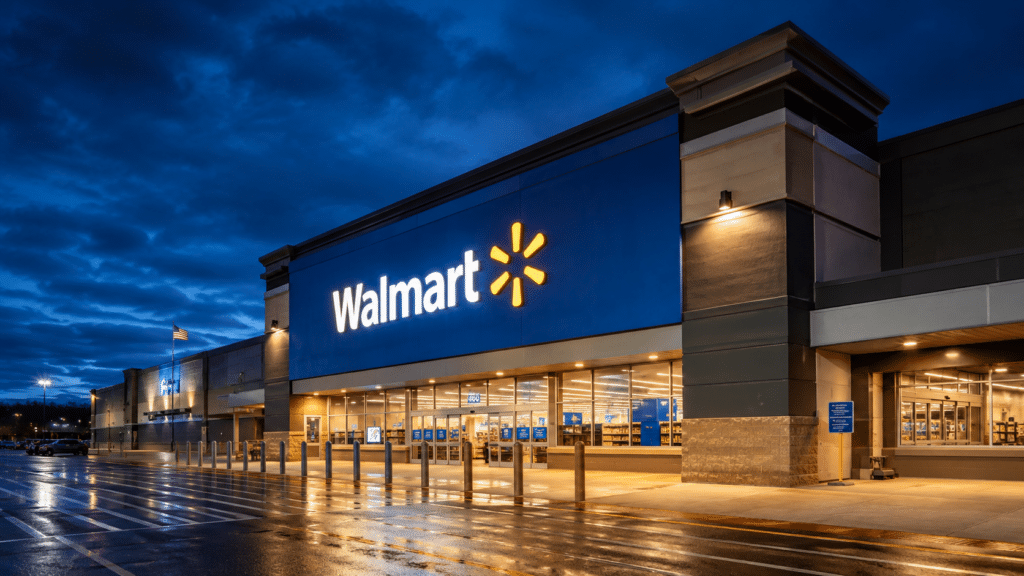 Front of a Walmart store at dusk with illuminated white logo and yellow starburst, wet parking lot in the foreground.