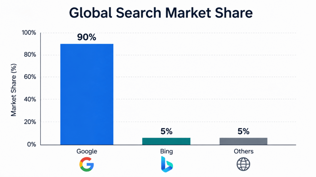 Global Search Market Share bar chart: Google 90%, Bing 5%, Others 5% with logos beneath the bars.