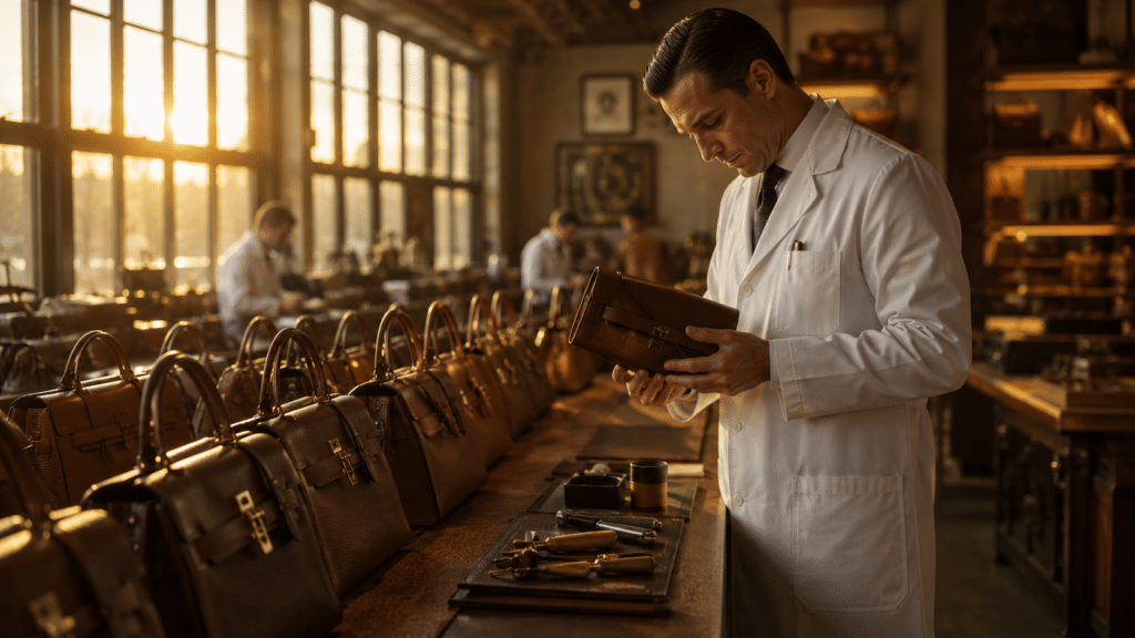 Man in a white coat inspects a brown leather wallet in a high-end leather goods shop, with rows of briefcases along the counter.