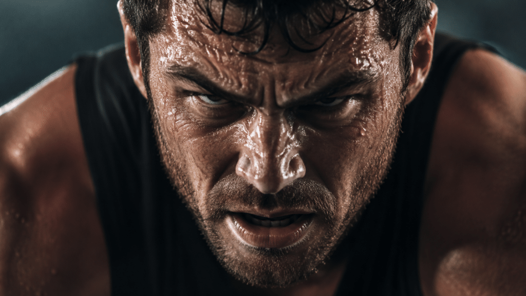 Close-up of a sweaty man with a fierce, determined expression during intense exercise.