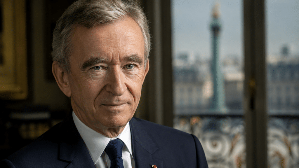 Senior man in a navy suit and tie, posing indoors with a blurred city view behind him.