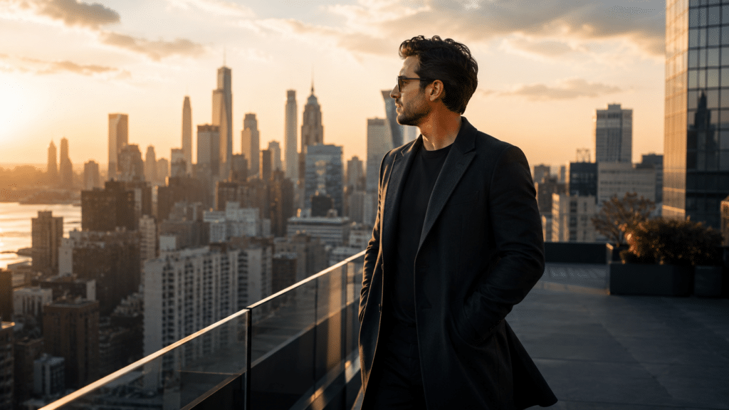 Man wearing a dark coat and sunglasses stands on a rooftop terrace, overlooking a sunset-lit city skyline.