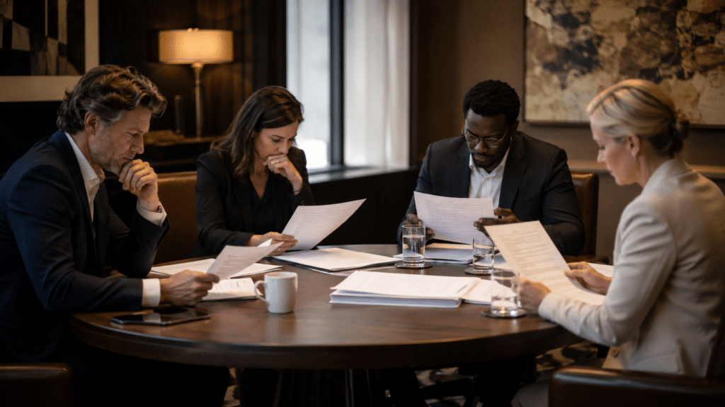 Four professionals in business attire sit around a round table reviewing documents.
