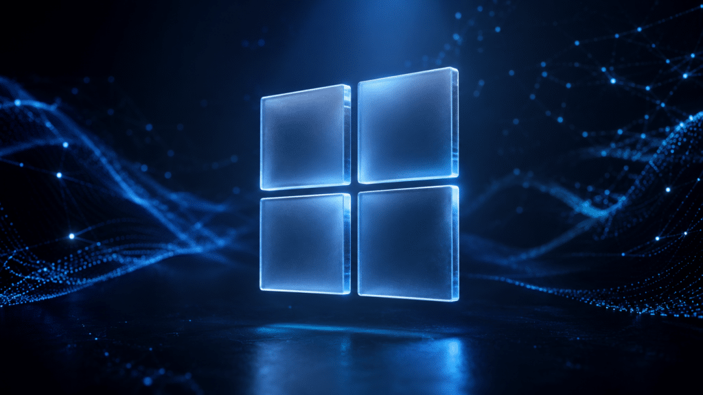 Glowing blue Windows logo tiles floating above a digital blue network background.