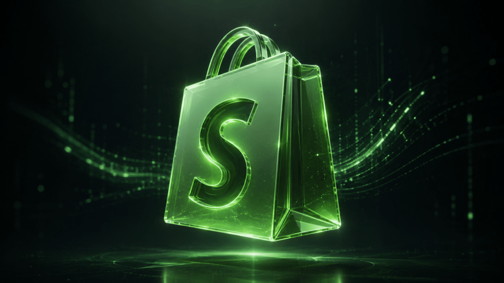 Glowing neon-green 3D shopping bag with a large curved 'S' on the front, set against a dark, digital background.