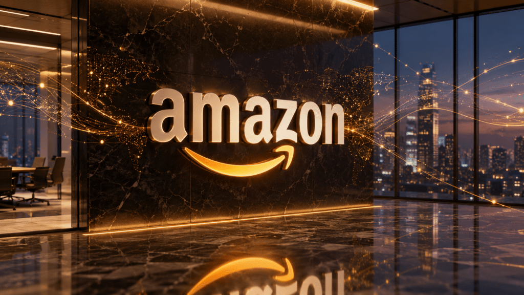 Amazon logo on a dark marble wall, glowing orange lighting in a sleek office with city skyline visible through floor-to-ceiling windows.