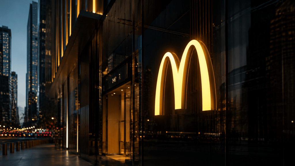 McDonald's golden arches logo on a glass storefront in a nighttime urban street scene