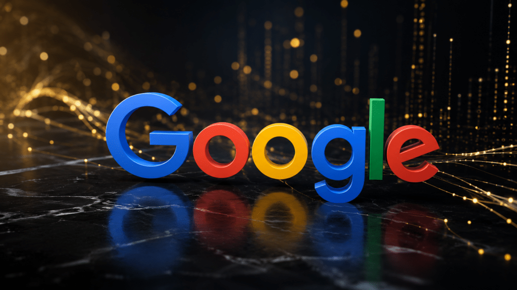 3D Google logo on a dark marble floor with golden light trails in the background