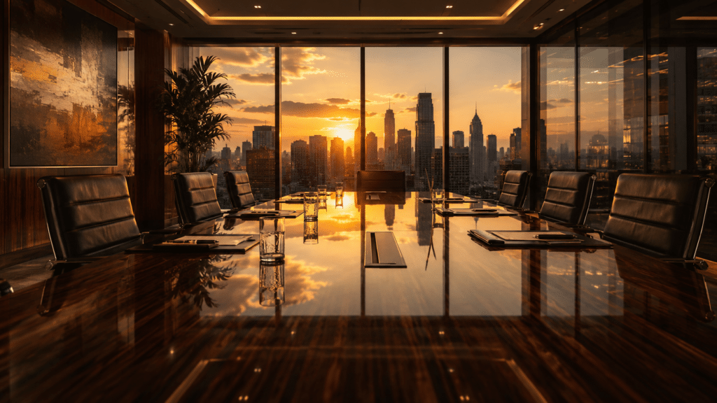 Sunset-lit city skyline seen through a glass-walled boardroom with a polished wooden conference table and black leather chairs.