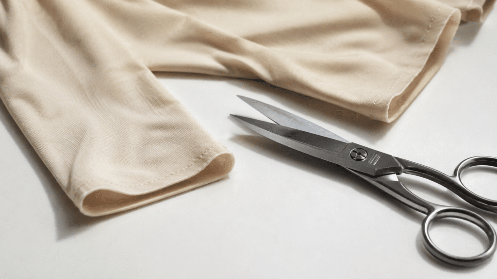 Beige fabric on a white surface with sharp tailoring scissors poised to cut it.