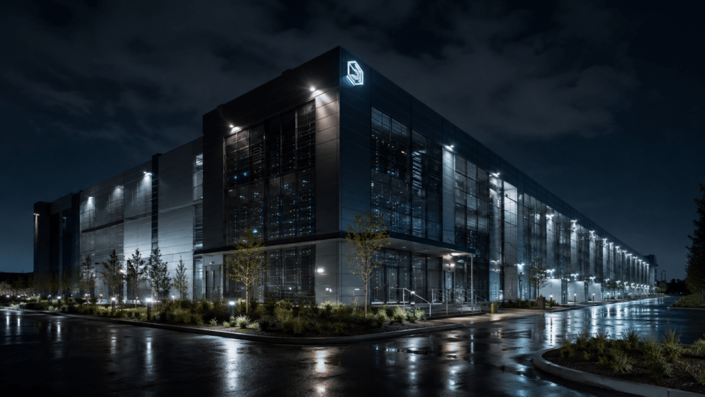Nighttime exterior of a modern glass office building with a blue logo, wet pavement reflecting the lights, and landscaped foreground.
