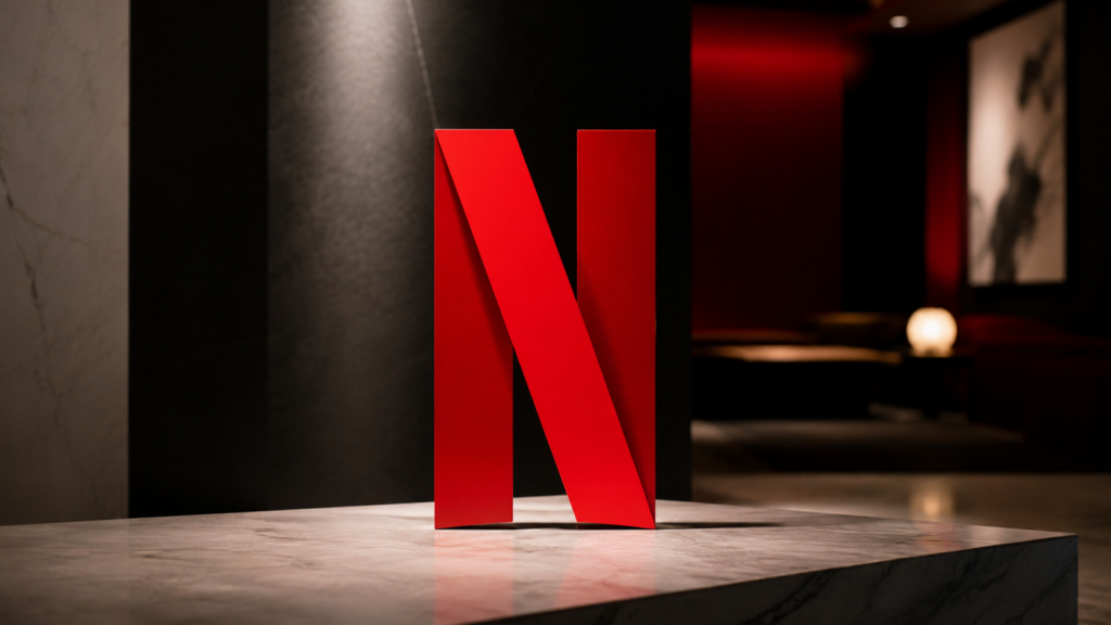 Red Netflix logo sculpture on a marble pedestal in a dim exhibition space with moody lighting.