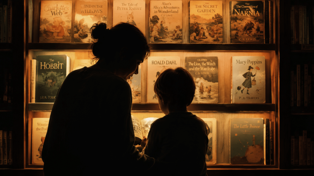 Silhouetted adult and child reading a book together in a warmly lit bookshelf display of classic children's books.