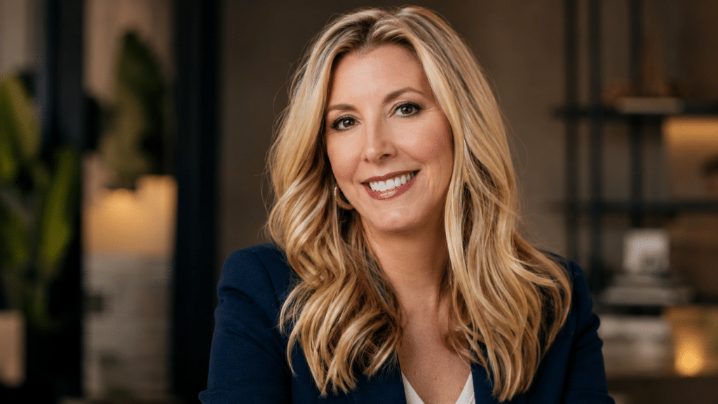 Smiling blonde woman in a navy blazer portrait in a modern office setting.