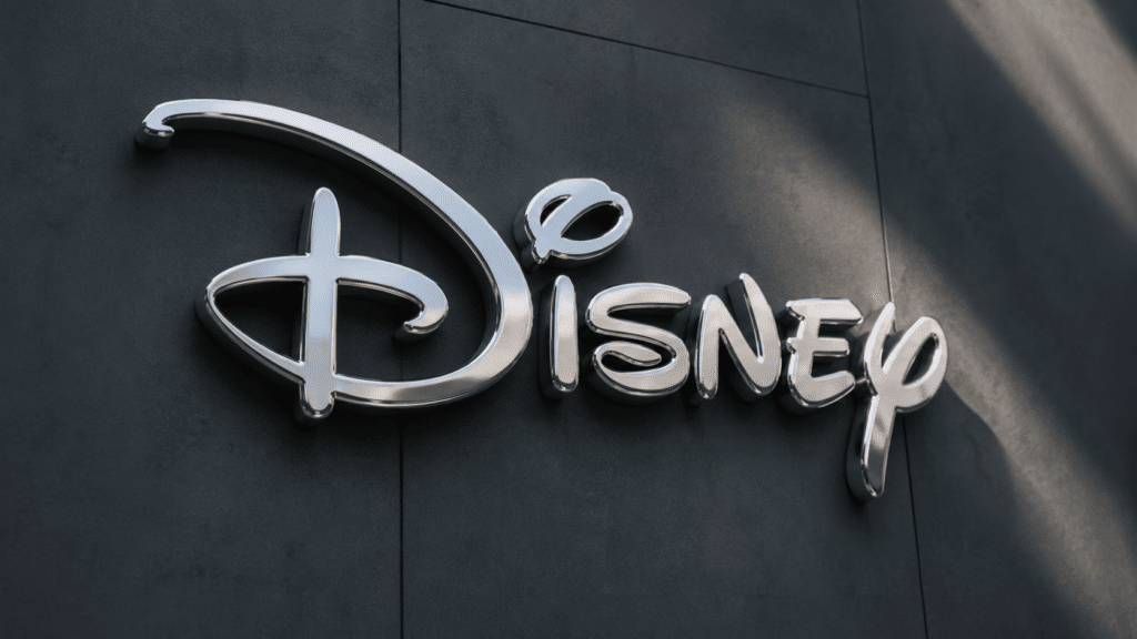 Chrome Disney logo script mounted on a dark gray wall, reflecting light.