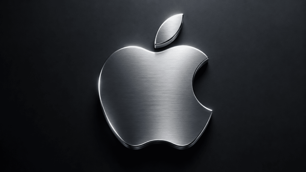 Metallic brushed-steel Apple logo on a dark textured background