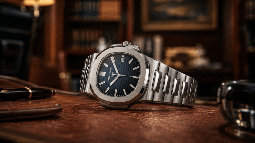 Patek Philippe Nautilus stainless steel watch with a blue striped dial and date window, lying on a wooden desk.