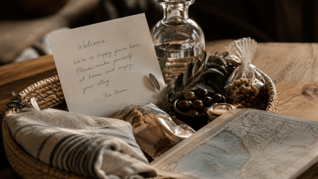 Basket with welcome note, olive sprig, snacks, and map on a wooden table; cozy travel welcome setup.
