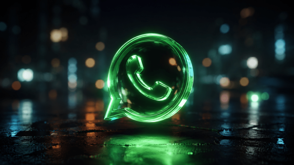 Glowing green WhatsApp logo in a circular chat bubble on a wet city street at night.