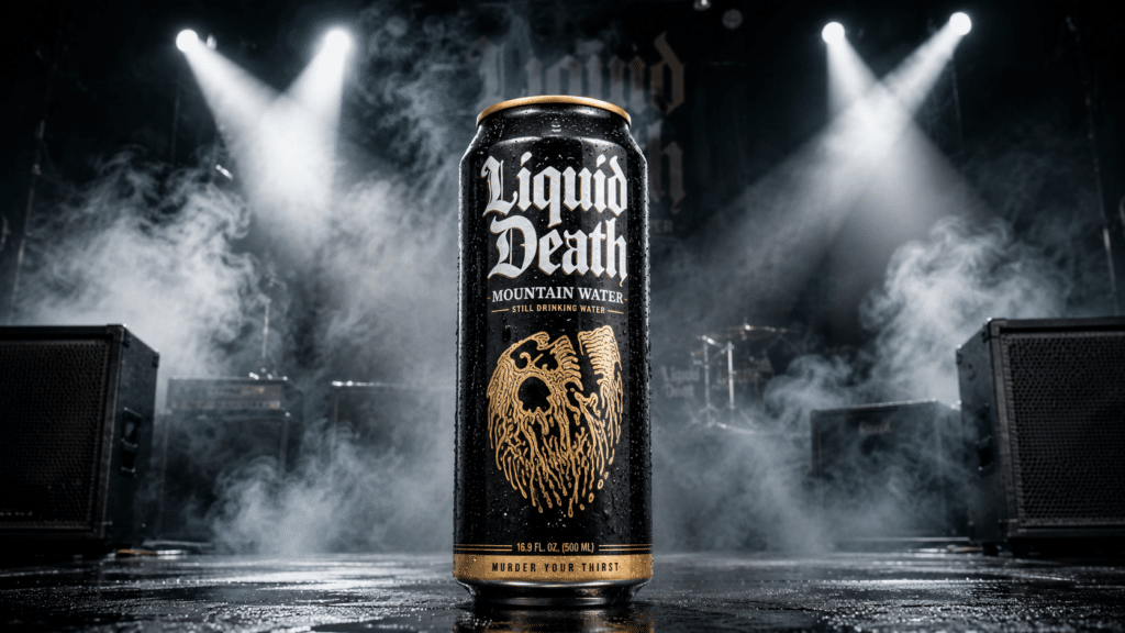 Liquid Death Mountain Water can centered on a smoky concert stage with bright spotlights overhead.