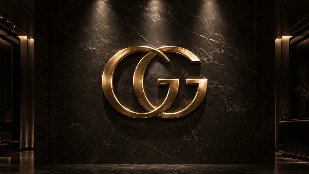 Gold Gucci interlocking Gs logo on a black marble wall in a luxurious lobby setting.