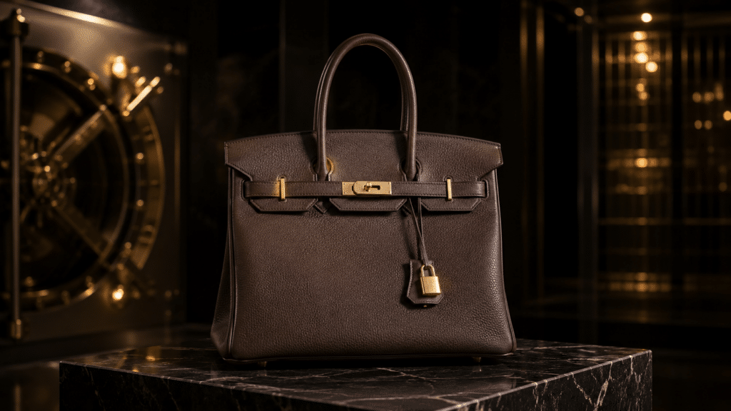 Brown leather luxury handbag on a marble pedestal in a sophisticated vault display.