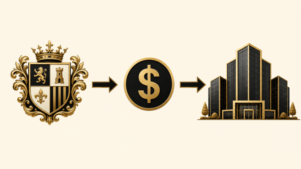 Ornate gold coat of arms, a dollar coin, and a modern gold-trimmed office building connected by arrows, symbolizing wealth flowing to business.