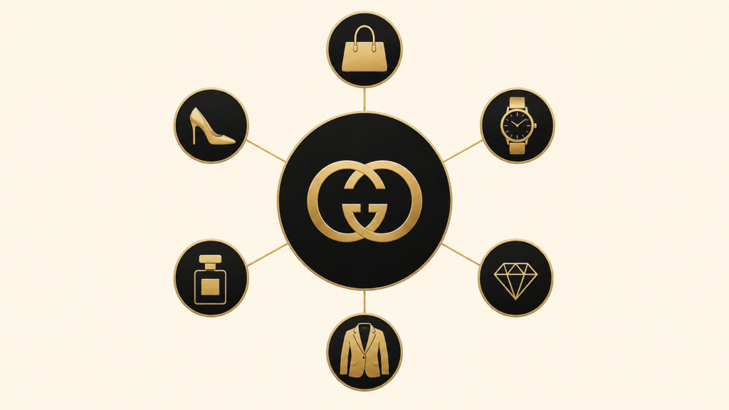 Central Gucci logo in gold at the center, connected to six circular icons of luxury items (bag, shoe, watch, perfume, diamond, blazer).