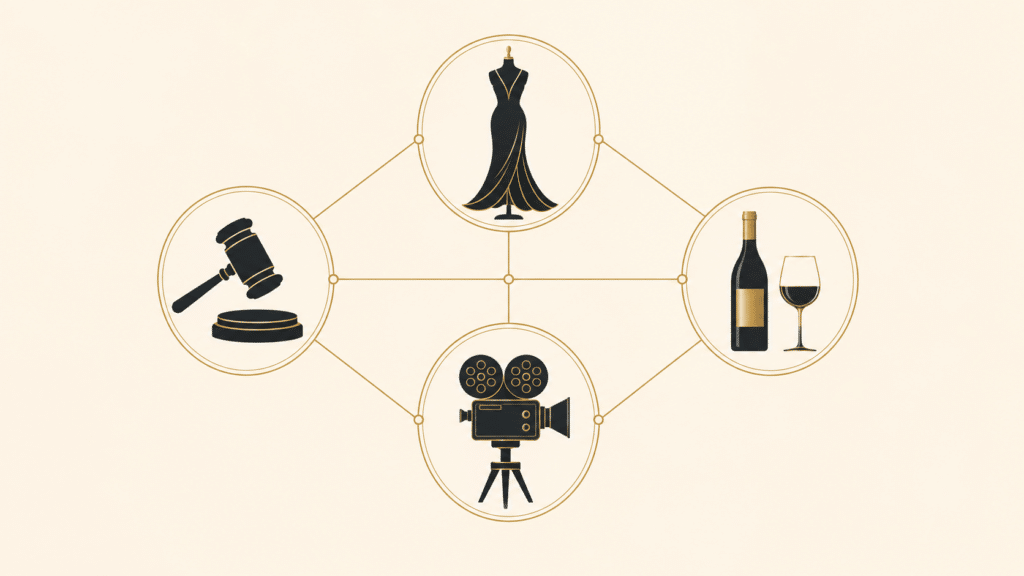 Interconnected circular icons show a black evening gown, a gavel with a judge's block, a vintage film camera, and a wine bottle with a glass linked in a diamond layout.