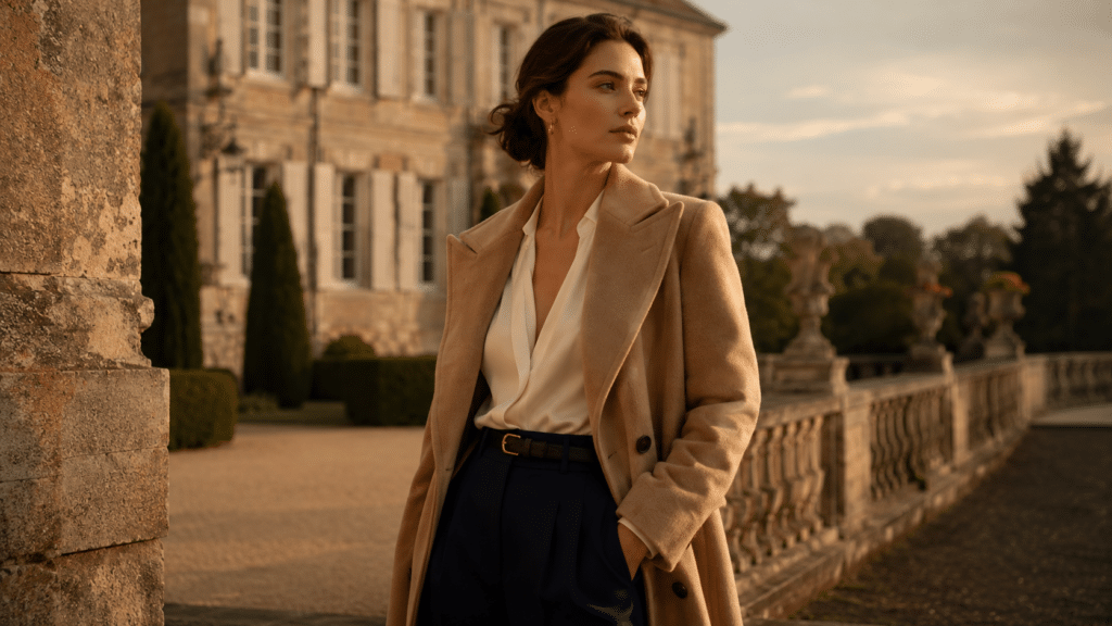 Woman in a camel coat and white blouse stands beside a stone balustrade at a historic building during golden hour.
