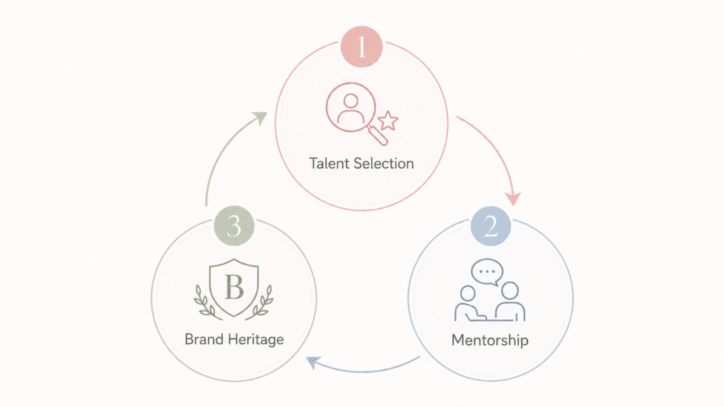 Three-step cycle diagram: Talent Selection (top) → Mentorship (right) → Brand Heritage (left) in a looping process.