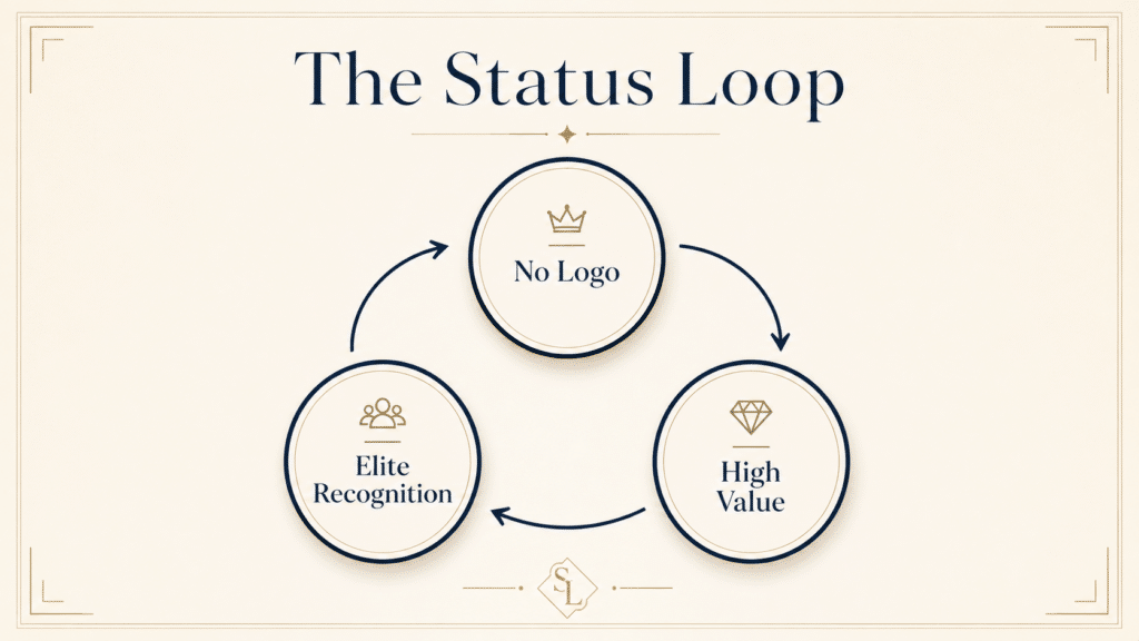 Three-node status loop diagram: No Logo at the top, Elite Recognition left, High Value right, connected by curved arrows forming a triangle.